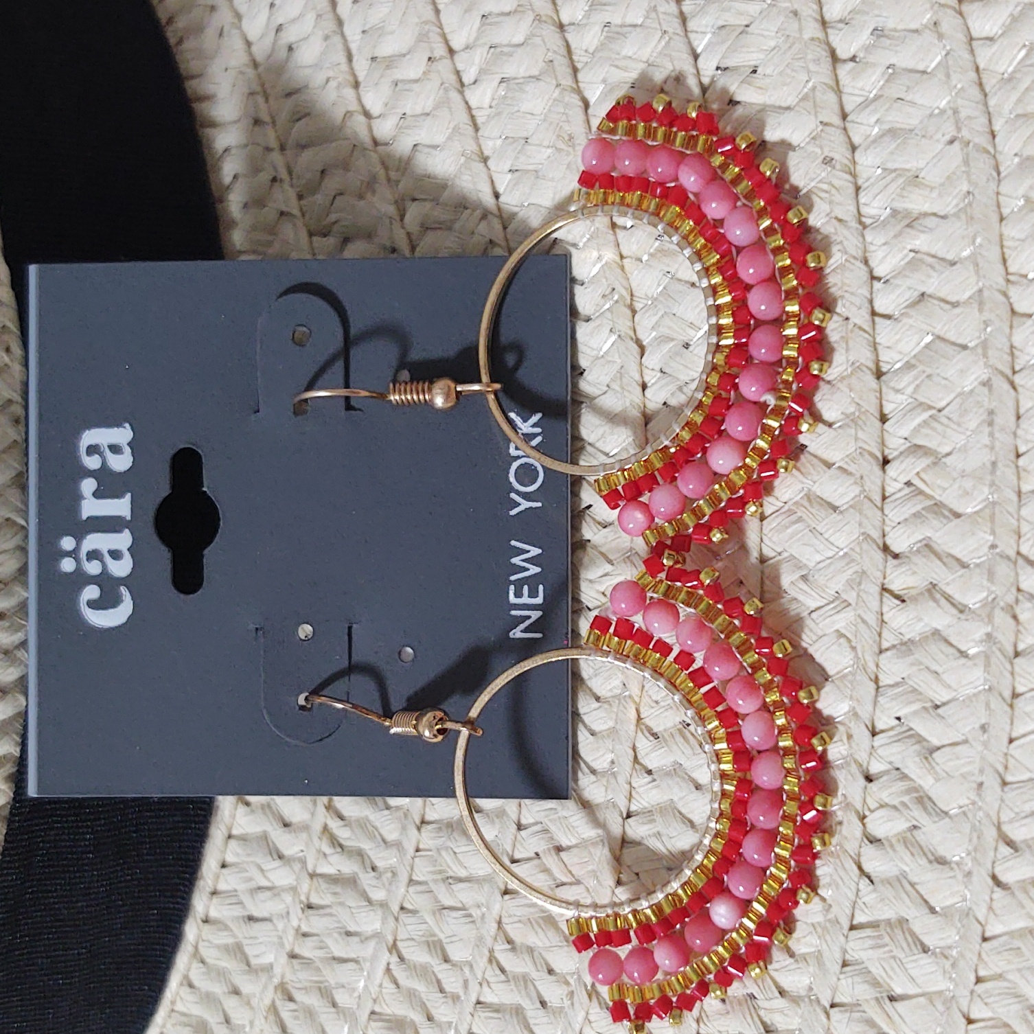 Beaded Hoop Earrings With Glass Beads, Fan , Golden ,Red